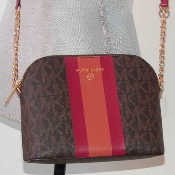 NWT MICHAEL KORS MK MONOGRAM Center Stripe CINDY LG Dome CHAIN XBODY BAG Berry - Picture 4 of 9